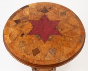 An antique New Zealand two tier occasional table with native timber parquetry starburst top, unfortunately damaged with later central replacement, 19th century, 72cm high, 59cm diameter - 2