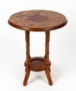 An antique New Zealand two tier occasional table with native timber parquetry starburst top, unfortunately damaged with later central replacement, 19th century, 72cm high, 59cm diameter - 3