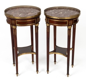 A pair of vintage French circular single drawer bedside tables with gilt metal mounts and rouge marble tops, 20th century, 73cm high, 39cm diameter