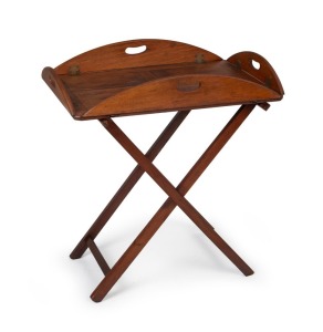 An antique English mahogany butler's tray with snap lock folding side and four panel top on folding stand, 19th century, 71cm high, 86cm wide, 65cm deep