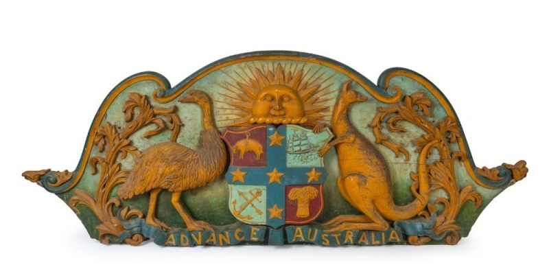 An architectural Australian coat of arms, carved wood with polychrome finish, New South Wales origin, 19th century, an impressive 101cm high, 245cm wide