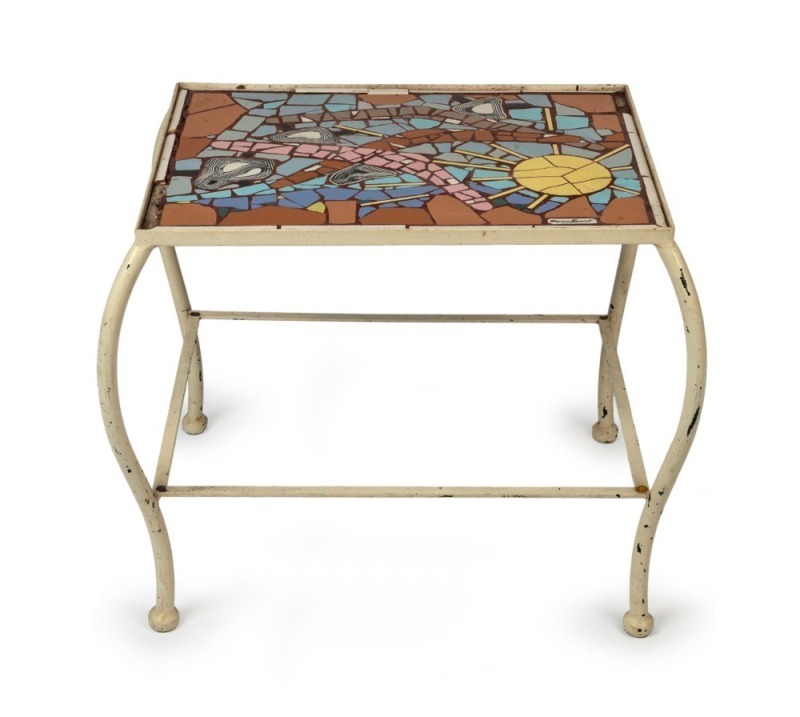 BRYAN MANSELL white painted metal occasional table with mosaic tile top, signed lower right "Bryan Mansell", mid 20th century, 57cm high, 70cm wide, 54cm deep