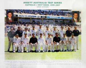 2000-01 AUSTRALIAN TEAM, official team photograph with title "Ansett Australia Test Series, Australia v West Indies 2000-2001, Series Winners", size 35x29cm.