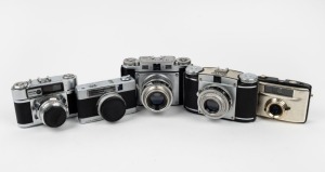 VARIOUS MANUFACTURERS: Group of five cameras - one Minolta Repo-S with lens cap, one Braun Paxina, one Braun Paxette with lens cap, one Braun Gloria, and one black/gold Pentacon Penti II. (5 cameras)