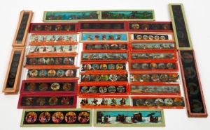 Group of forty-three glass slides for magic lantern, ranging in size from 145 x 32mm to 98 x 24mm, featuring illustrations for children of ships, soldiers, etc. (43 items)