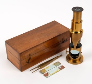 Drum-style brass microscope, 17.5cm at highest setting, in wooden box with tweezers.