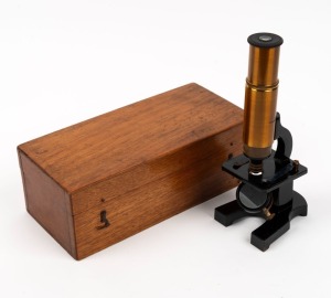 BROADHURST, CLARKSON & CO.: 19th-century brass and steel microscope, 23cm at highest setting, in timber box.