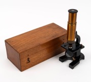 BROADHURST, CLARKSON & CO.: 19th-century brass and steel microscope, 23cm at highest setting,&nbsp;in timber box.