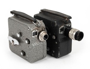 PATHÉ: Two c. 1948 Pathéscope "H" 9.55mm movie cameras - one black and one with bare metal. (2 movie cameras)