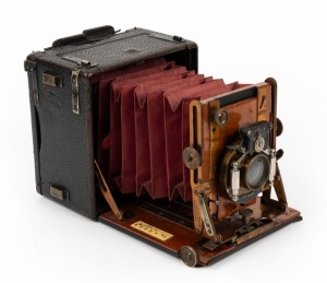 ROCHESTER OPTICAL: 3¼ x 4¼" plate Premo-type folding camera, c. 1900s, with Bausch Lomb 4 x 5 Rectilinear lens and Victor shutter.