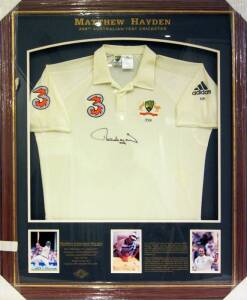 MATTHEW HAYDEN: Display "Matthew Hayden, 359th Australian Test Cricketer" comprising signature on replica Australian Test Shirt No.359, window mounted with 3 photographs, limited edition 37/50, framed & glazed, overall 92x113cm.