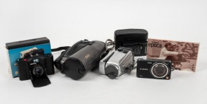 VARIOUS MANUFACTURERS: Group of four cameras - one c. 1974 Minox EL in maker's box with matching case, one c. 1990 Canon Epoca with instruction booklet, one c. 2000s Pentax Optio with battery charge, and one c. 2013 Panasonic DMC-SZ3. (4 cameras)