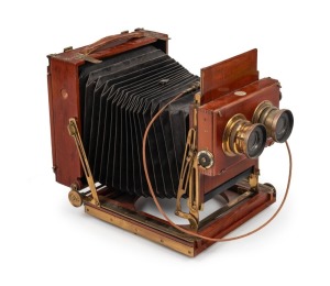 THORNTON-PICKARD: 4¾ x 6½" plate stereo triple-extension field camera, c. 1900s, with twin Thornton Pickard-Beck Symmetrical lenses, Thornton-Pickard stereo Time & Inst. roller-blind shutter, and Watson Bowden 'The Antinuous' shutter release cable.