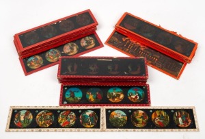 Thirty-four 18 x 5cm magic lantern glass slides, featuring colour illustrations of fairy-tale scenes, fires, trains in motion, animals, etc. (34 items)