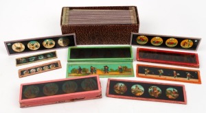 Group of thirty-nine glass slides for magic lantern, ranging in size from 170 x 45mm to 98 x 24mm, featuring illustrations for children of ships, soldiers, etc. (39 items)