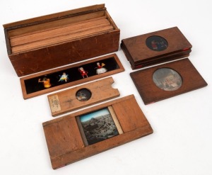 Mixed group of eighteen wood-framed magic lantern glass sides (of which one 'slipping slide'), or various sizes including 18 x 10cm and 27 x 7cm, featuring mainly religious imagery and children's illustrations. (18 items)