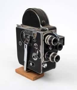 BOLEX-PAILLARD: H8 8mm movie camera, c. 1940, with Switar 12.5mm f1.5/Yvar 25mm f2.5/Yvar 36mm f2.8 lenses, viewfinder attachment, and eye cup.