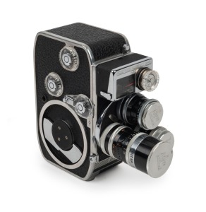 BOLEX-PAILLARD: D8L double-8 movie camera [#956594], c. 1958, with Switar 36mm f1.8/Pizar 55mm f1.9/Yvar 13mm f1.8 lenses, with all lens caps present.