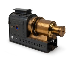 Brass and tin helioscopic magic lantern, c. 1890s. Modified for electric use.