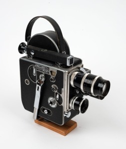 BOLEX-PAILLARD: H16 16mm movie camera, c. 1935, with Switar 25mm f1.4/Yvar 16mm f2.8/Yvar 75mm f2.8 lenses, and top and side viewfinder attachments.