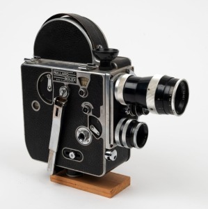 BOLEX-PAILLARD: H16-type 16mm movie camera, c. 1940s, with Switar 25mm f1.4/Yvar 15mm f2.8/Yvar 75mm f2.5 lenses, and side-mounted viewfinder attachment.