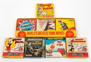 CASTLE FILMS: Group of eight Super-8 films, each in maker's box, including titles such as Frankenstein Meets the Wolf Man, Abbott & Costello, and Woody Woodpecker. (8 items)