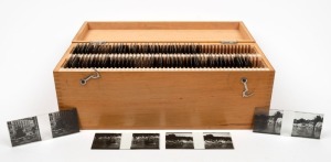 ZEISS IKON: Group of eighty-six 108 x 45mm stereo glass slides depicting a European family's home, holidaymaking in the countryside, and a trip to the canals of Venice. Neatly organised into wooden box with metal handle with 'Zeiss Ikon' logo.
