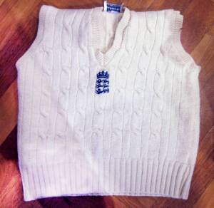 BEN HOLLIOAKE'S ENGLAND JUMPER (sleeveless) with embroidered Crown over Three Lions logo on front. Jumper shrunk.