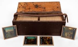 Wooden box containing eighty-one 8 x 8cm glass slides, each with colour illustration of a Christian New Testament scene, with associated Bible verse on rear.