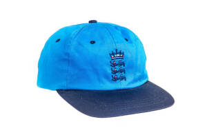 BEN HOLLIOAKE'S ENGLAND ODI CAP, blue baseball-style, with Crown over Three Lions logo in navy blue, made by Asics. Good condition.