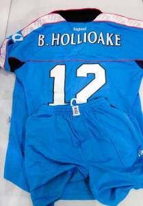 BEN HOLLIOAKE'S ENGLAND ODI UNIFORM, shirt with "B.HOLLIOAKE" and "12" on reverse; and trousers, made by Asics. Good condition.