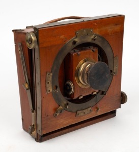 THORNTON-PICKARD: 4¾ x 6½" field camera, c. 1900s, with Thornton-Pickard Beck Symmetrical lens, lens cap, roller-blind shutter, and 'Harrington & Co. Ltd. Sydney & Brisbane' retailer's inlay.