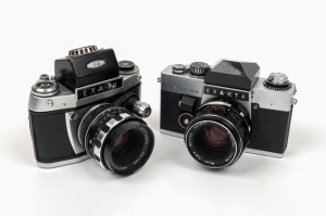 IHAGEE: Two c. 1970s SLR cameras - one Exakta RTL 1000 with Oreston 50mm f1.8 lens, and one Exa Ia with Westrocolor 50mm f1.9 lens and Harwix Berlin Examat viewfinder. (2 cameras)