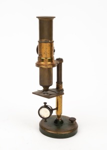 19th century brass microscope, 26cm at highest setting.