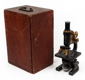 SPENCER BUFFALO: Brass and steel microscope [#61854], 32.5cm at highest setting, in wooden box with four accessories.