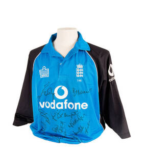 BEN HOLLIOAKE'S ENGLAND ODI UNIFORM, shirt with player number "146" below Crown over Three Lions, and "B.HOLLIOAKE" and "21" on reverse, signed on front by 2001-02 England team, 14 signatures including Andrew Flintoff, Darren Gough & Ben Hollioake; and tr