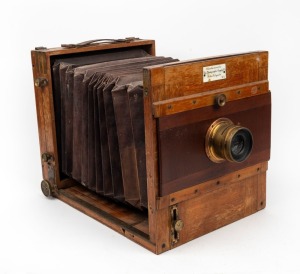 8½ x 6½" plate tailboard camera with Ross London Zeiss Convertible Anastigmat 14 & 16½" double lens, lens cap, and inlay that reads 'Manufactured for The Photographic Supply Co. Perth & Kalgoorlie W. A.'.