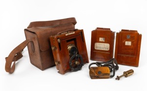 LANCASTER: '1901 Instantograph' 4¼ x 3¼" plate field camera with J. Lancaster & Sons lens, in leather case together with two double-dark slides and see-saw shutter attachment with release cable.