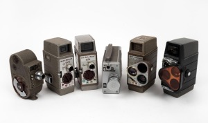 BELL & HOWELL: Six c. 1950s movie cameras - one 624 8mm, one Autoload 16mm, one Electric Eye with lens filter, one Sportster Double Run Eight, one Sun Dial 333, and one Two Twenty. (6 movie cameras)