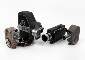 BELL & HOWELL: Four c. 1950s movie cameras - one 605 Double Run Eight, one Automatic 240, one Focus-Matic Autoload, and one Sportster Double Run Eight. (4 movie cameras)