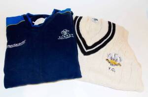 BEN HOLLIOAKE'S SURREY CRICKET CLOTHING, noted Surrey jumper (long sleeves) with Surrey badge sewn on and name tag "Ben Hollioake"; Surrey jumper (sleeveless) with embroidered Surrey badge with "V.C." below; Surrey ODD shirt with "B.Hollioake" on reverse;