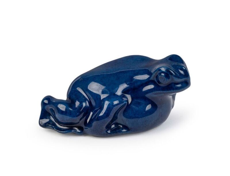 ROYAL DOULTON "Titanian" rare English porcelain frog on a rock figure with lapis lazuli blue glaze, circa 1915, black factory mark to base, 7.5cm long