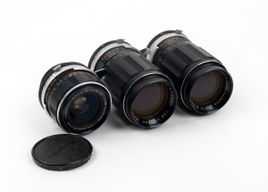 MIRANDA: Three c. 1968 Auto Miranda lenses in black with bayonet mounts for Sensorex - one 35mm f2.8 with front and rear caps, together with two 135mm f3.5 models. (3 lenses)