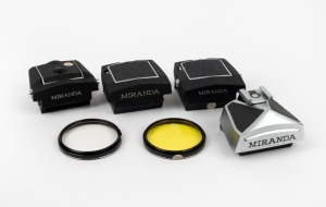 MIRANDA: Six c. 1960s camera accessories - one VFE-1 waist-level finder, one waist-level finder with ratchet magnification, one prism finder with accessory shoe, one 5x/15x magnification prism finder, one 46mm Y2 lens filter, and one 46mm UV lens filter. 