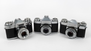 ZEISS IKON: Three c. 1950s SLR cameras - one Contaflex I 861/24 with Tessar 45mm f2.8 lens and accessory shoe attachment, one Contaflex II 862/24 with Tessar 45mm f2.8 lens and dual-range meter, and one Contaflex Super 10.1271 with Tessar 50mm f2.8 lens. 