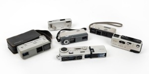 MINOLTA: Six c. 1960s subminiature cameras - one Minolta 16 Model P, one Minolta 16 EE in maker's leather case with wrist strap, one Minolta 16 EE II with wrist strap, one Minolta 16 MG, one Minolta 16 MG-S with flash gun attachment, and one Minolta 16 QT