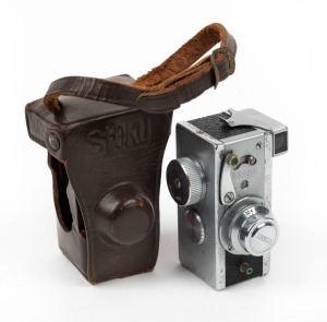 RIKEN: Steky IIIb subminiature camera [#6772], c. early 1950s, with Stekinar 25mm f3.5 lens, leather casing, and metal lens cap.