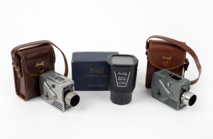 UNIVERSAL CAMERA: Two c. 1949 subminiature cameras, both in maker's leather cases - one Minute 16 with three aperture settings, one Minute 16 with four aperture settings, together with one Minute 16 Transparency Viewer in maker's box. (3 items)