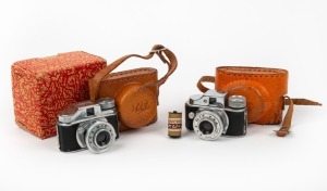 TOUGODO: Two c. 1950s Hit subminiature cameras with differing engraving details - one in leather case, and one in maker's box with leather case, instruction sheet, and film spool. (2 cameras)