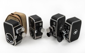 BOLEX-PAILLARD: Four c. 1950s double-8 movie cameras - two B8 models each with two lenses, one C8 with one lens, and one C8SL with one lens and zip case. (4 movie cameras)